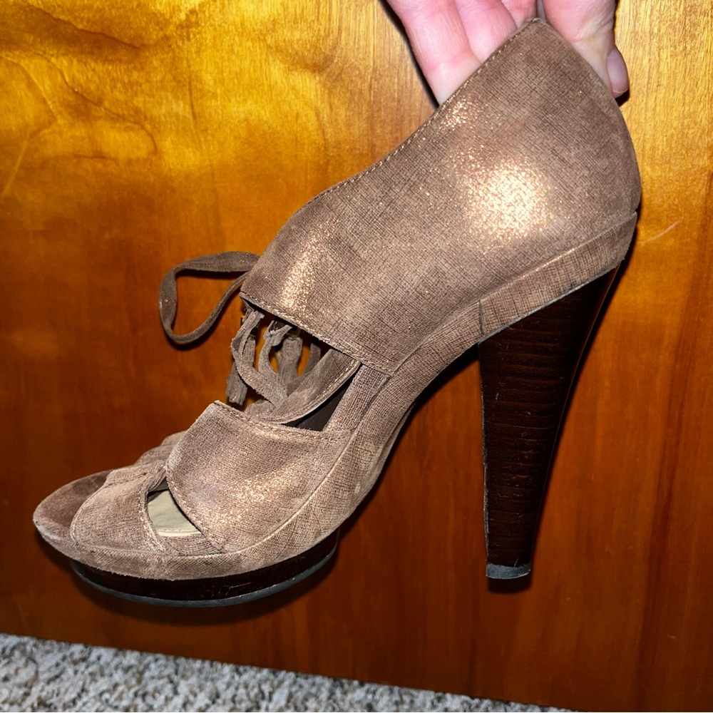 Coach Teagan shimmer leather open-toe platform heel in chocolate brown